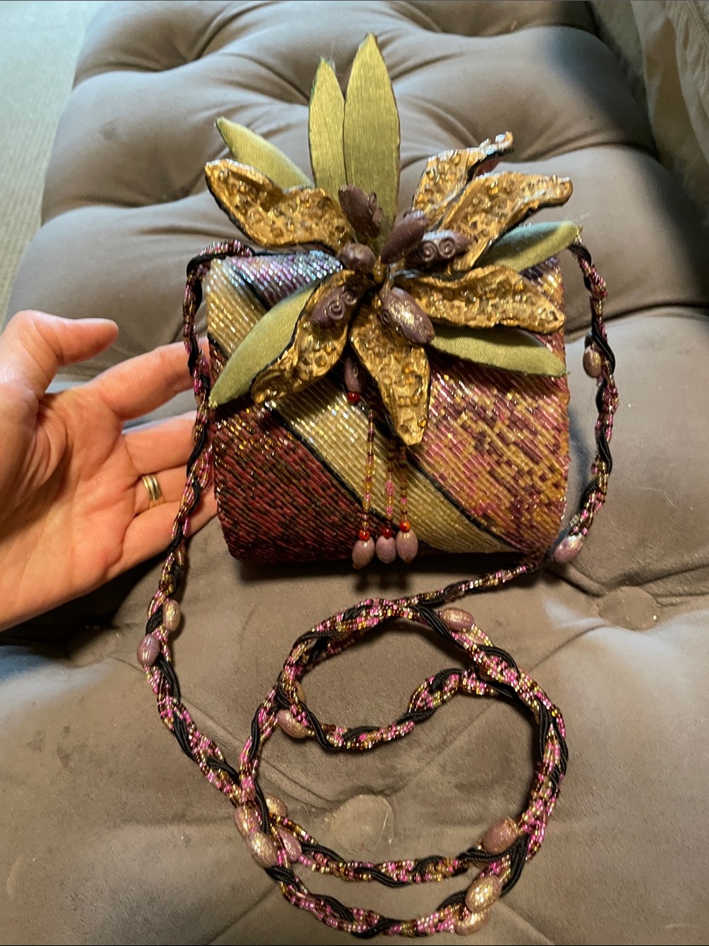 Mary Frances Vintage Hand Crafted , Olive and Purple Floral Beaded Purse